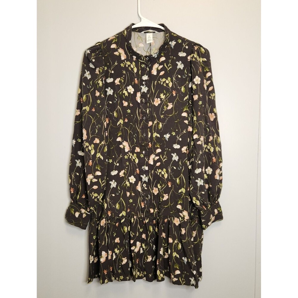 H&M Dark Floral Button-Front Long Sleeve Dress Size Small